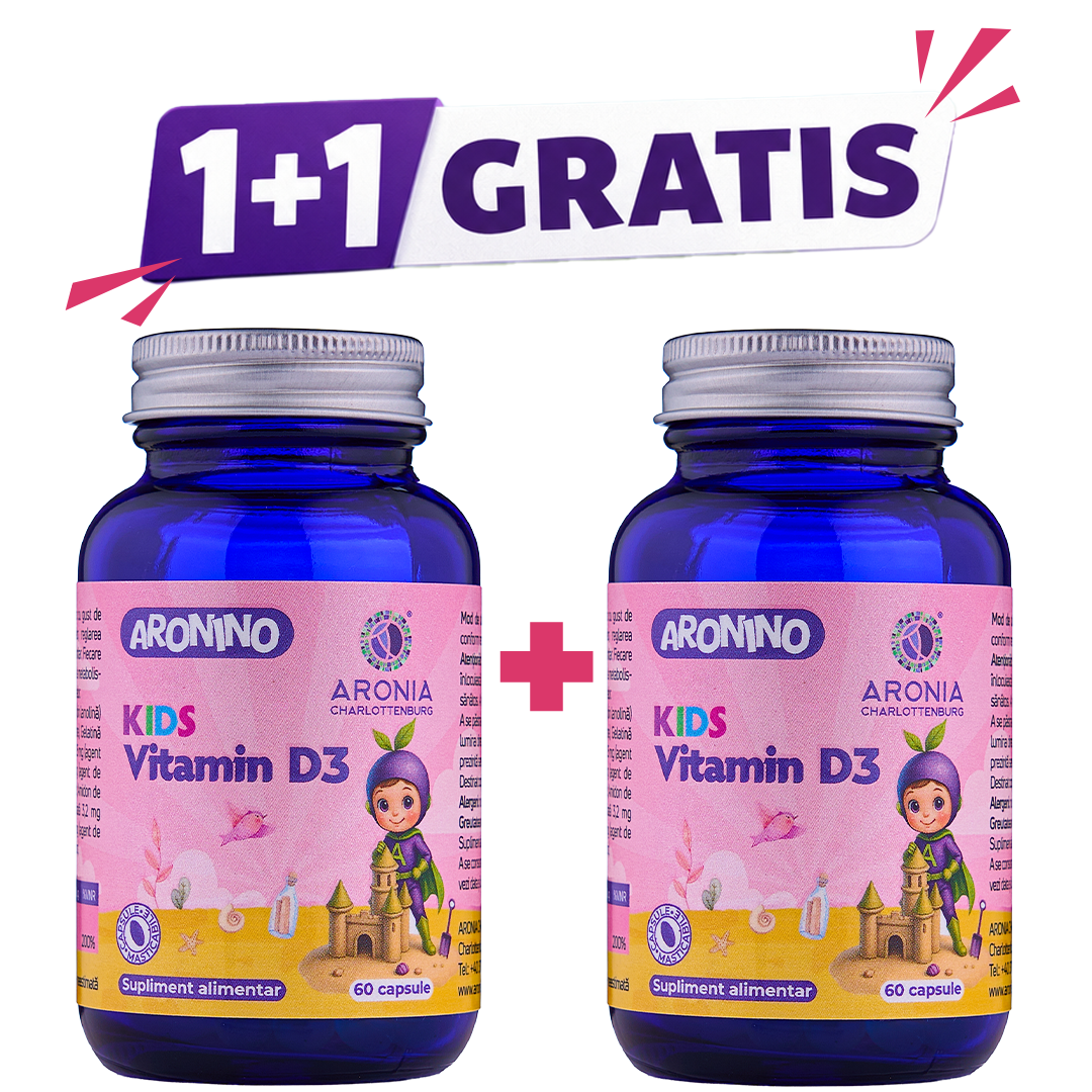 Aronino Kids Vitamin D3 — 60 capsule masticabile care sprijină oasele, dinții, mușchii și imunitatea copiilor