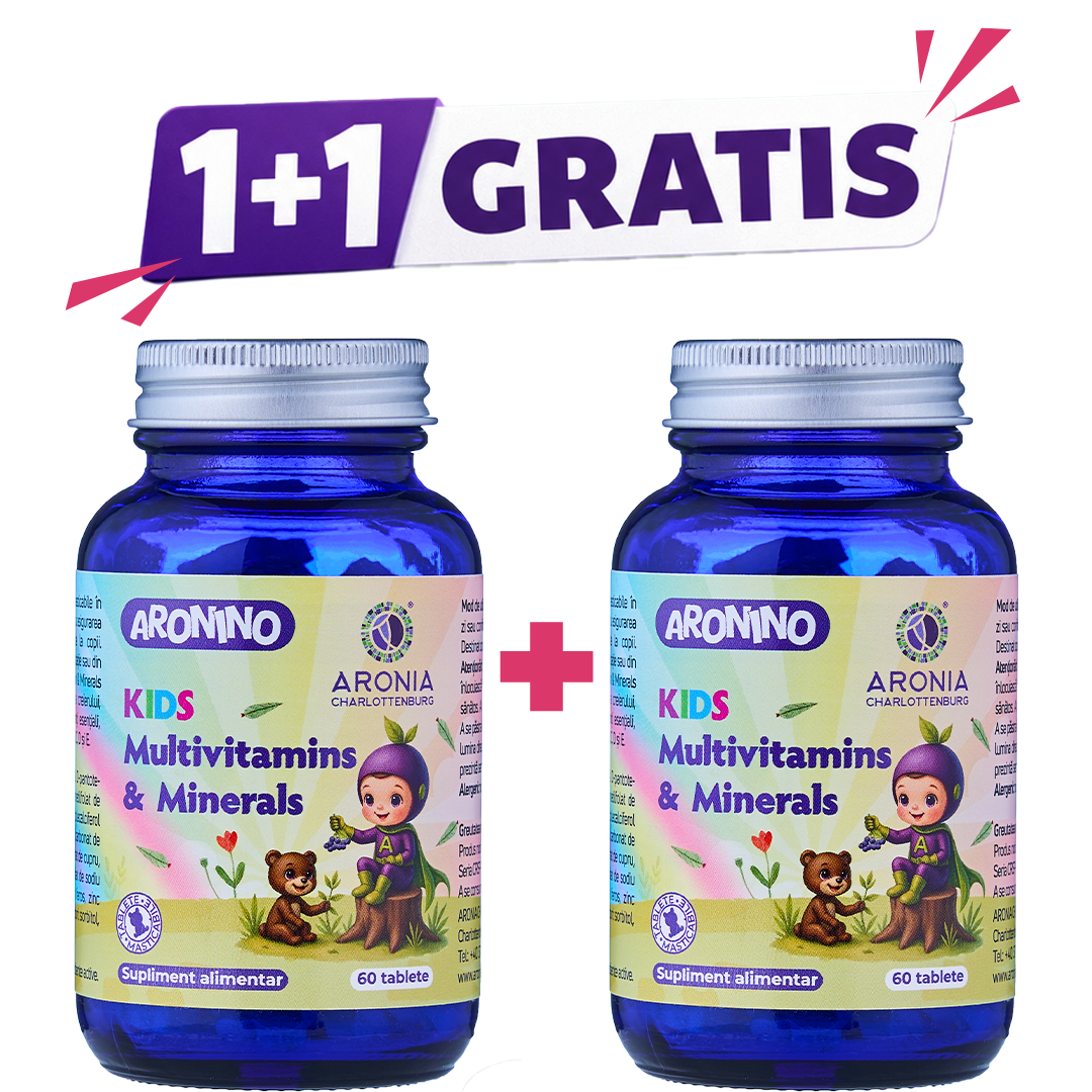 Aronino Kids Multivitamins & Minerals — 60 tablete masticabile care oferă copiilor 12 vitamine și 10 minerale esențiale pentru o creștere armonioasă