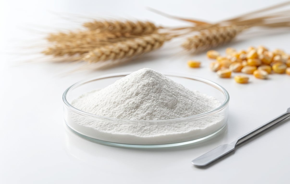 Ce este maltodextrina (pudra de maltodextrina intr un bol transparent, cereale, surse naturale de maltodextrina)