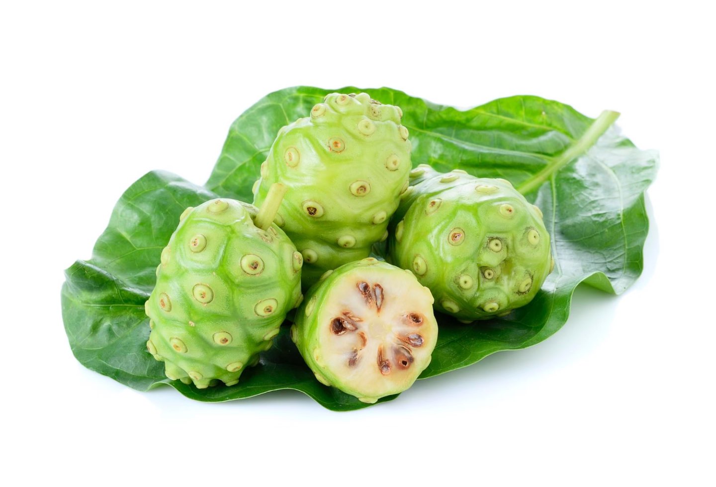 Fructul noni (fructe de noni, fruct sectionat, frunze verzi)