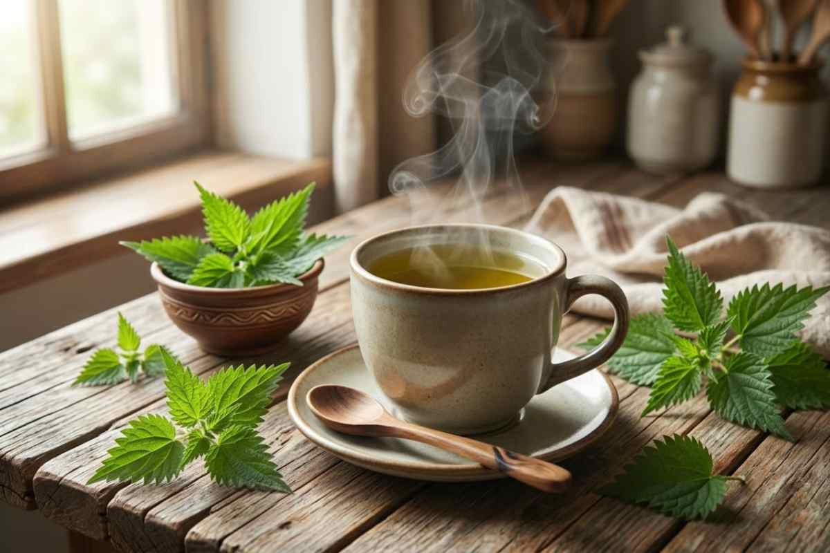 1. Urzica beneficii, contraindicatii si cum se consuma corect Ceasca cu ceai de urzica proaspat preparat, inconjurata de frunze verzi de urzica, pe o masa din lemn rustic