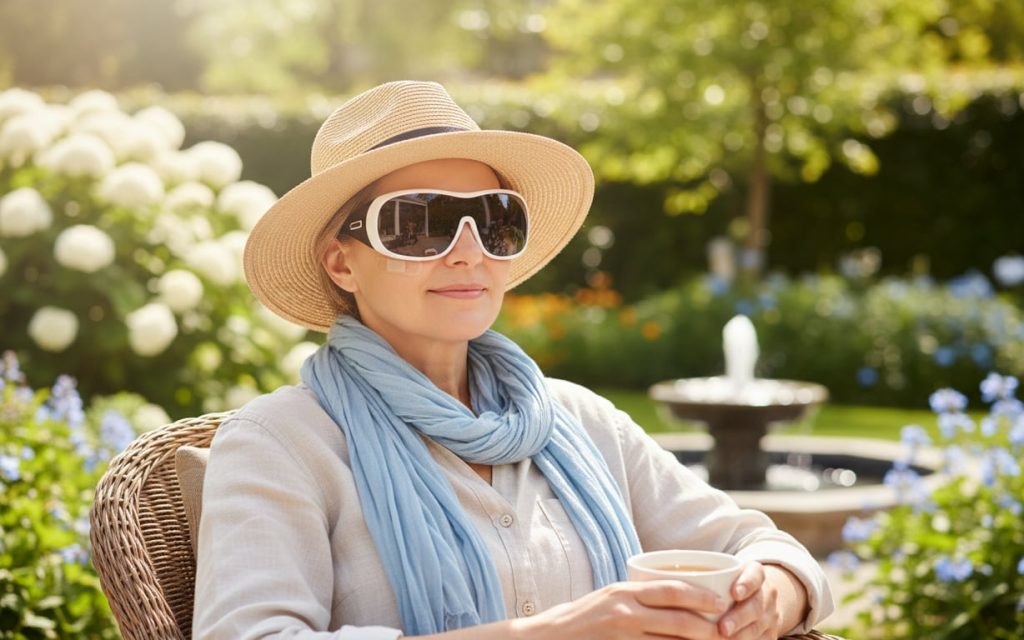 3. Recuperarea dupa operatia de pterigion (femeie care poarta ochelari speciali, expunere la soare, gradina cu flori in stil englezesc)