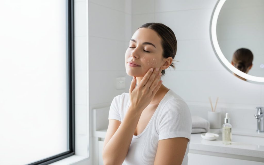 5. Acidul hialuronic in ingrijirea pielii (femeie care se da cu crema, acid hialuronic, baie luminoasa)