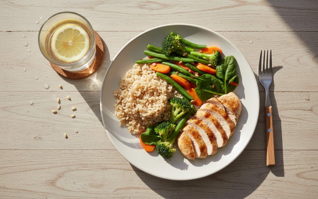 6. Alimentatia si obiceiurile (mancare sanatoasa, pui cu orez si legume, apa cu lamaie)