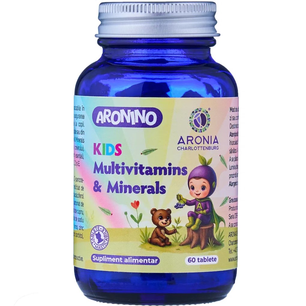 6. Aronino Kids Multivitamins & Minerals 60 tablete masticabile care ofera copiilor 12 vitamine si 10 minerale esentiale pentru o crestere armonioasa