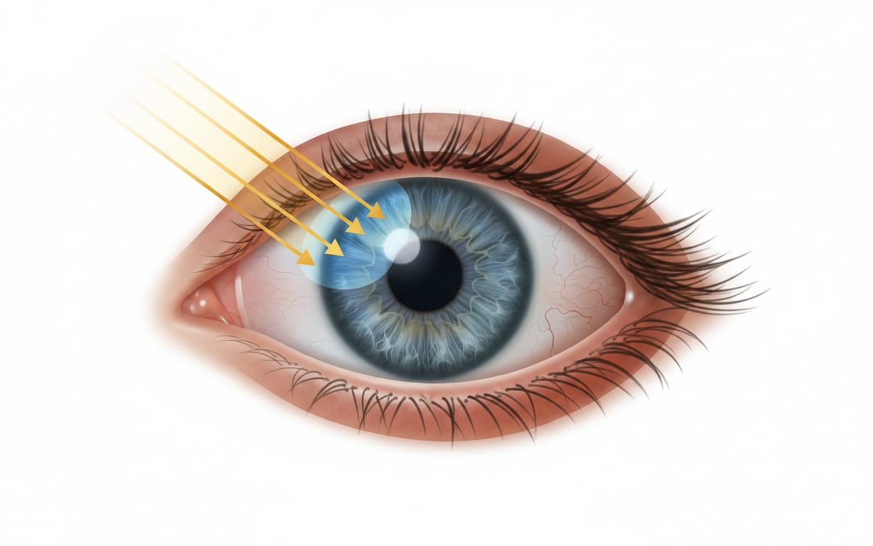 Fotokeratita (ochi afectat de raze UV, soare, ilustratie medicala)
