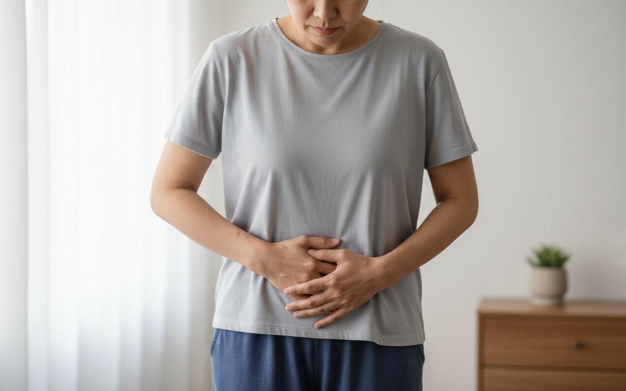 Hernie ombilicala (femeie care isi apasa abdomenul, durere intensa, tricou gri)
