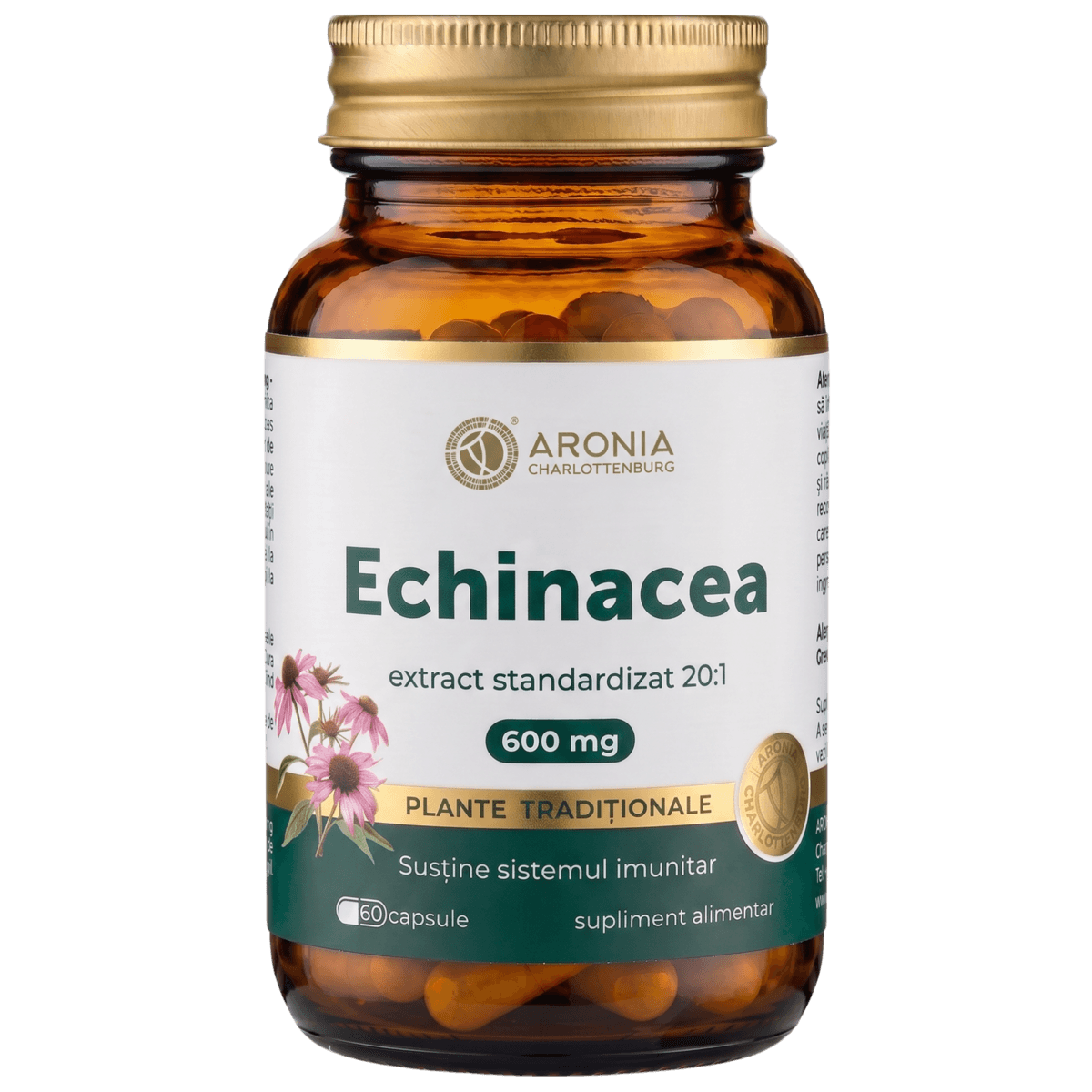 Echinacea 600 mg — 60 capsule cu extract concentrat din plantă, pentru susținerea sistemului imunitar, confort respirator și sprijin împotriva răcelilor  |  Plante Tradiționale
