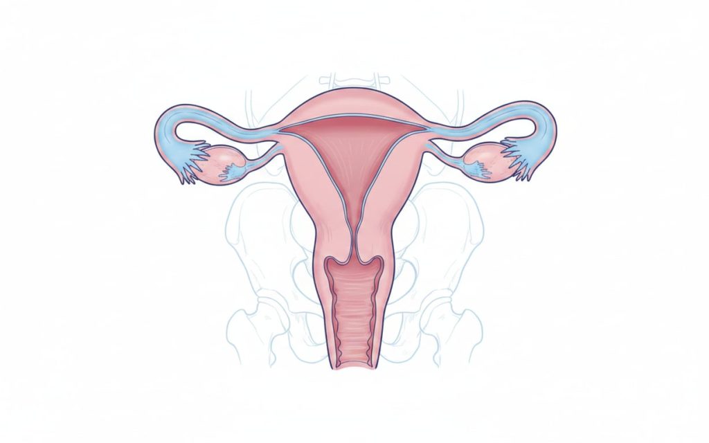 1. Aparatul genital feminin (ilustratie anatomica cu sistemul reproducator feminin, sectiune sagitala, fundal alb)