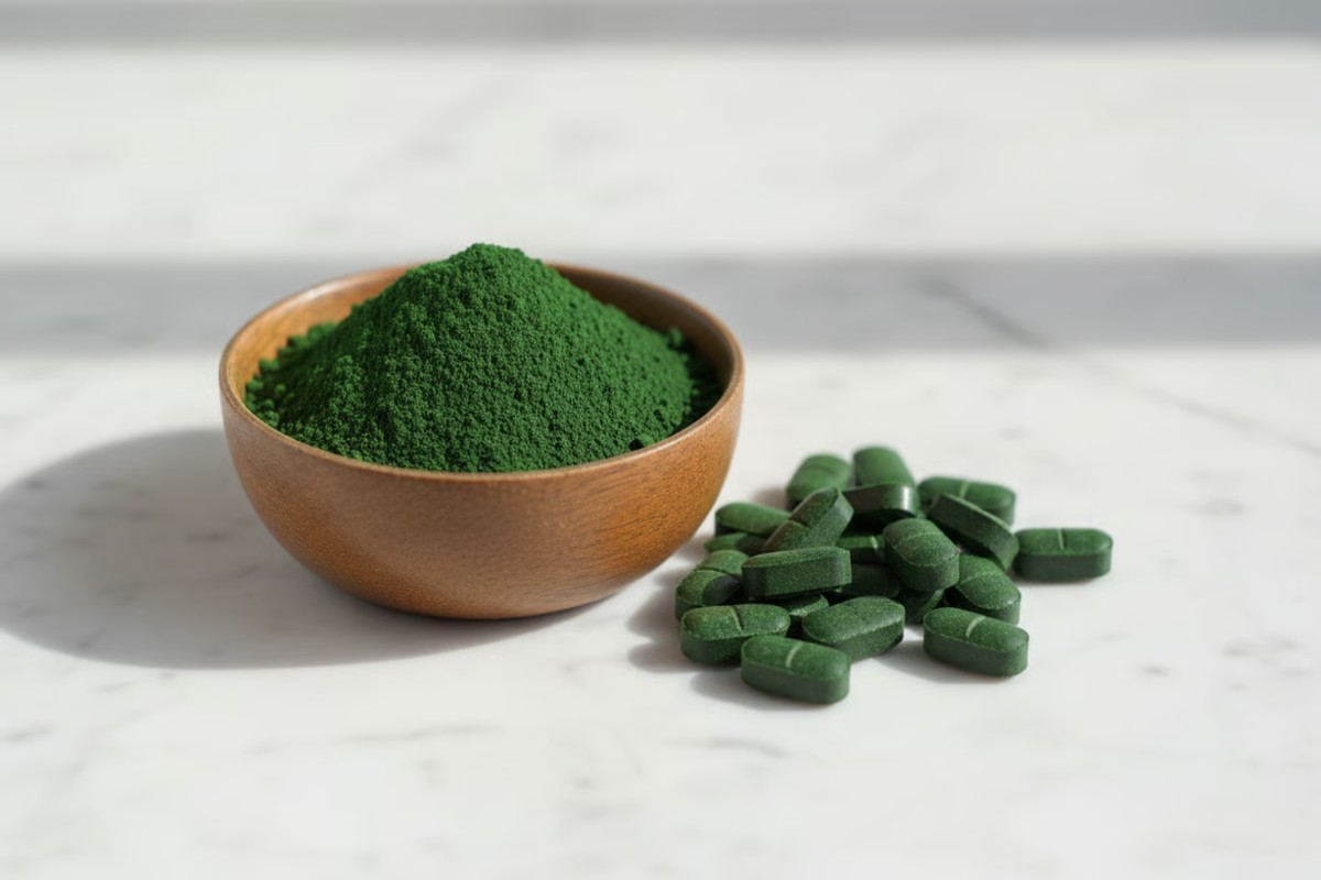 1. Spirulina Contraindicatii, efecte adverse si recomandari pentru o utilizare sigura Spirulina organica sub forma de pudra si tablete, prezentate pe o suprafata naturala