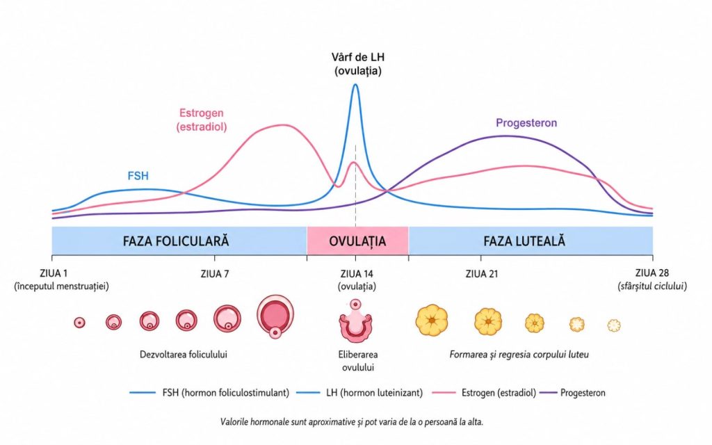 4. Cum functioneaza aparatul reproducator feminin (infografic cu fazele ciclului menstrual, variatii hormonale, fundal alb)