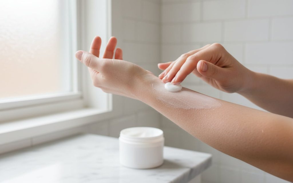 8. Ce poti face acasa (femeie care isi aplica crema pe mana, unguent cu colagen, baie)