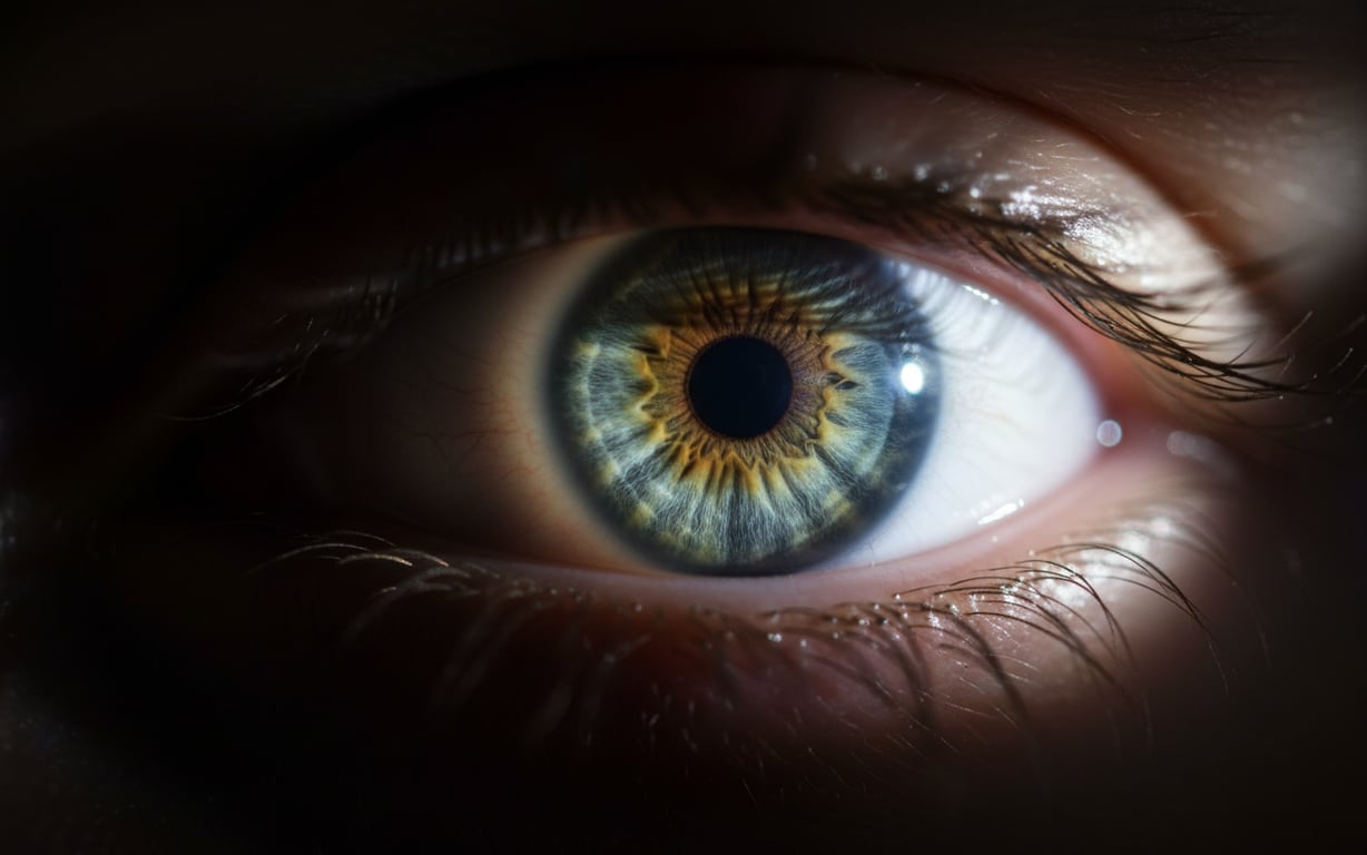 Amauroza (orbire temporara, ochi uman in prim plan, lumina directa pe iris)