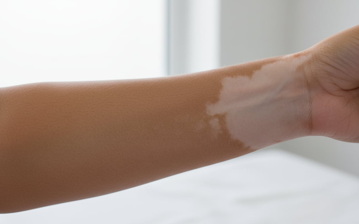 Pete albe pe corp (persoana cu o pata alba pe mana, vitiligo, camera alba)