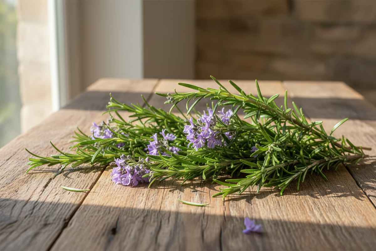 1. Acidul rozmarinic ce este, beneficii, proprietati si rolul sau pentru sanatate Ramuri proaspete de rozmarin pe o suprafata de lemn natural