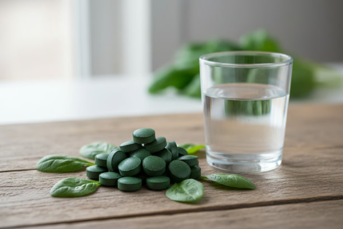 1. Cat dureaza cura cu spirulina Beneficii, doza zilnica, administrare corecta si contraindicatii Tablete de spirulina organica pe o suprafata naturala de lemn