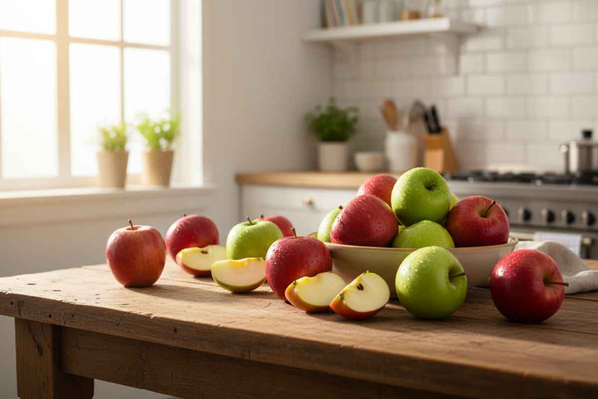 1. Ce vitamine contine marul Beneficii pentru sanatate, proprietati nutritive si contraindicatii Mere proaspete, rosii și verzi, aranjate pe o masa de lemn