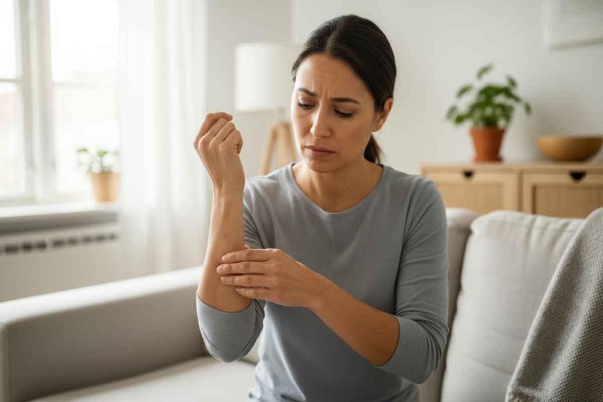 1. Senzatie de intepaturi in piele cauze, solutii si remedii naturale Persoana care simte disconfort la nivelul pielii bratului, cu expresie ingrijorata