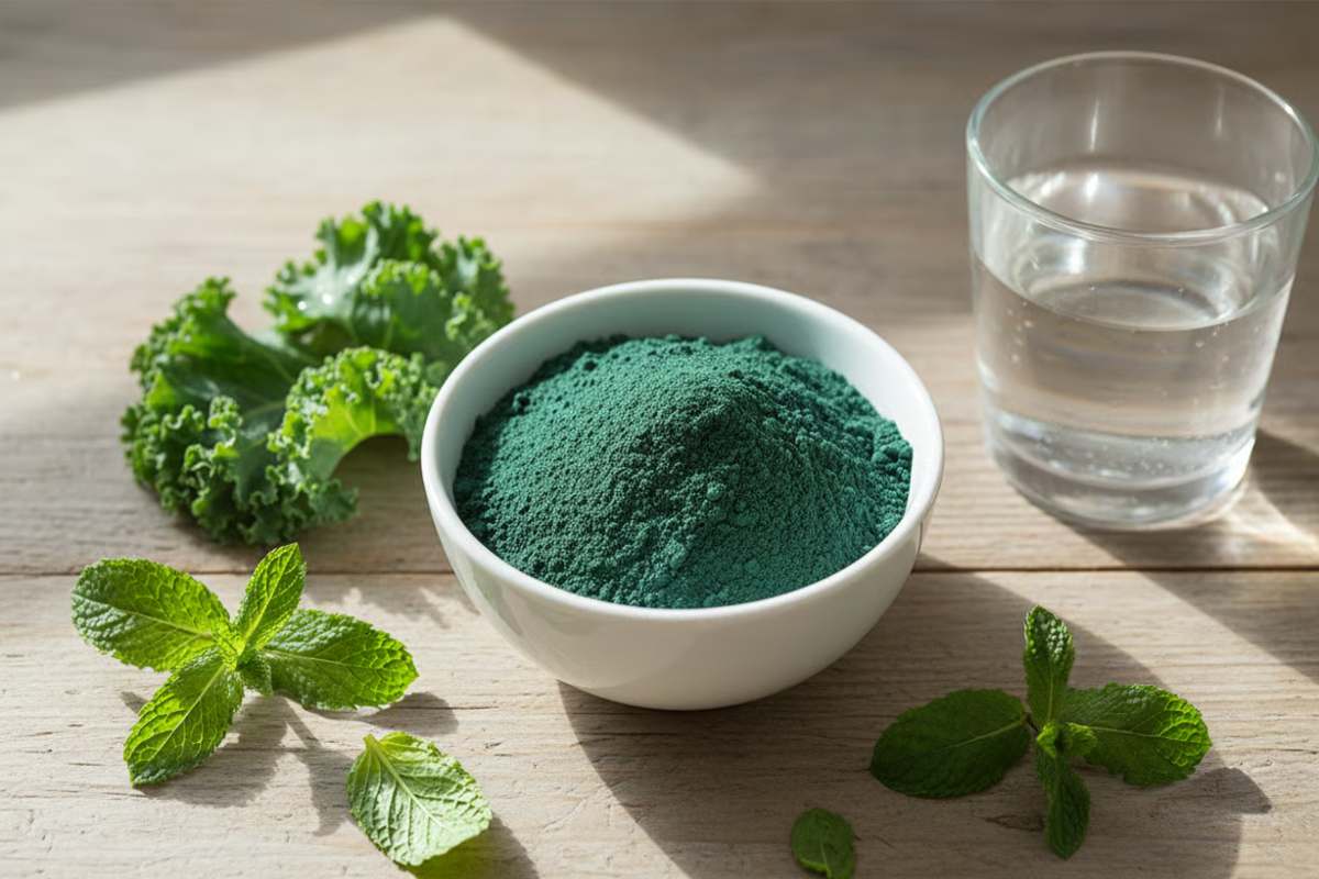 1. Spirulina pentru memorie cum ajuta si ce efecte poate avea asupra concentrarii si sanatatii creierului Pudra de spirulina in bol ceramic, pe fundal natural de lemn