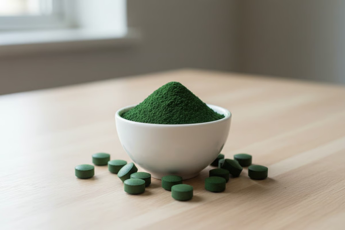 1. Spirulina pentru slabit cum ajuta la controlul greutatii, cat dureaza cura si cum se administreaza corect Pulbere si tablete de spirulina pe o masa din lemn natural