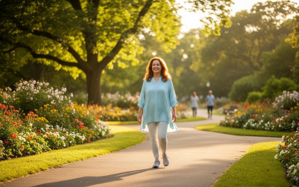 6. Tratamentul tesutului uterin necrozat (femeie fericita care se plimba in natura, stil de viata sanatos, gandire pozitiva)