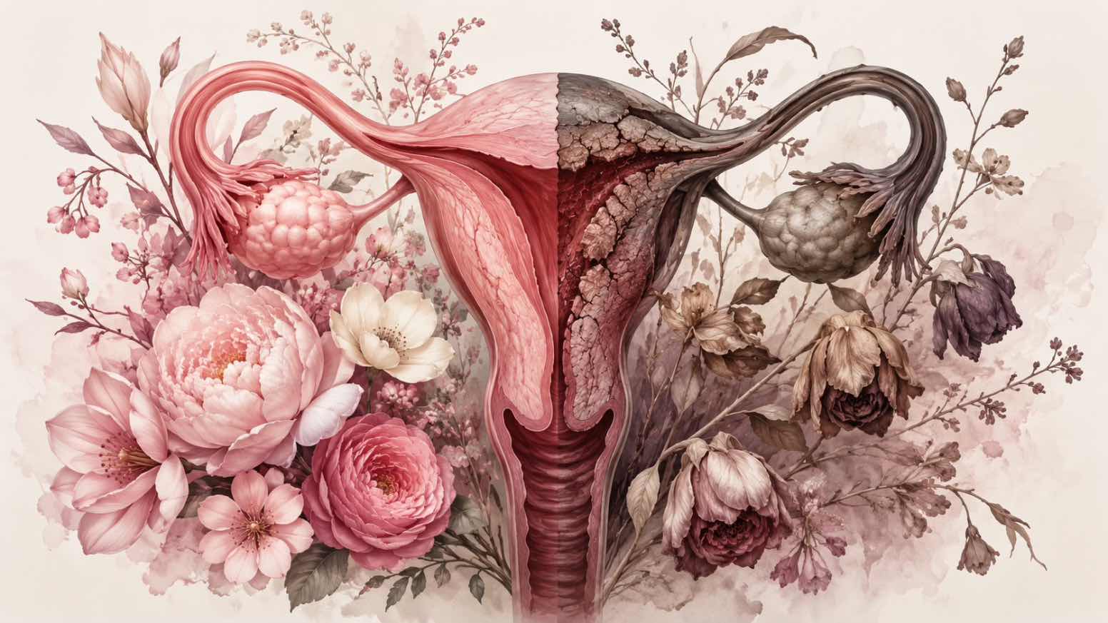 Necroza uterina (ilustratie cu uterul, bujori, flori ofilite, necroza uterina)