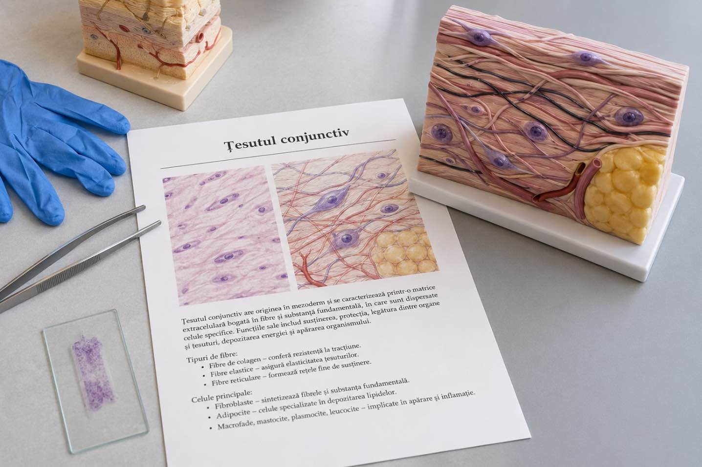 Tesutul conjunctiv (fisa medicala, mostra de tesut conjuctiv, machete medicale)