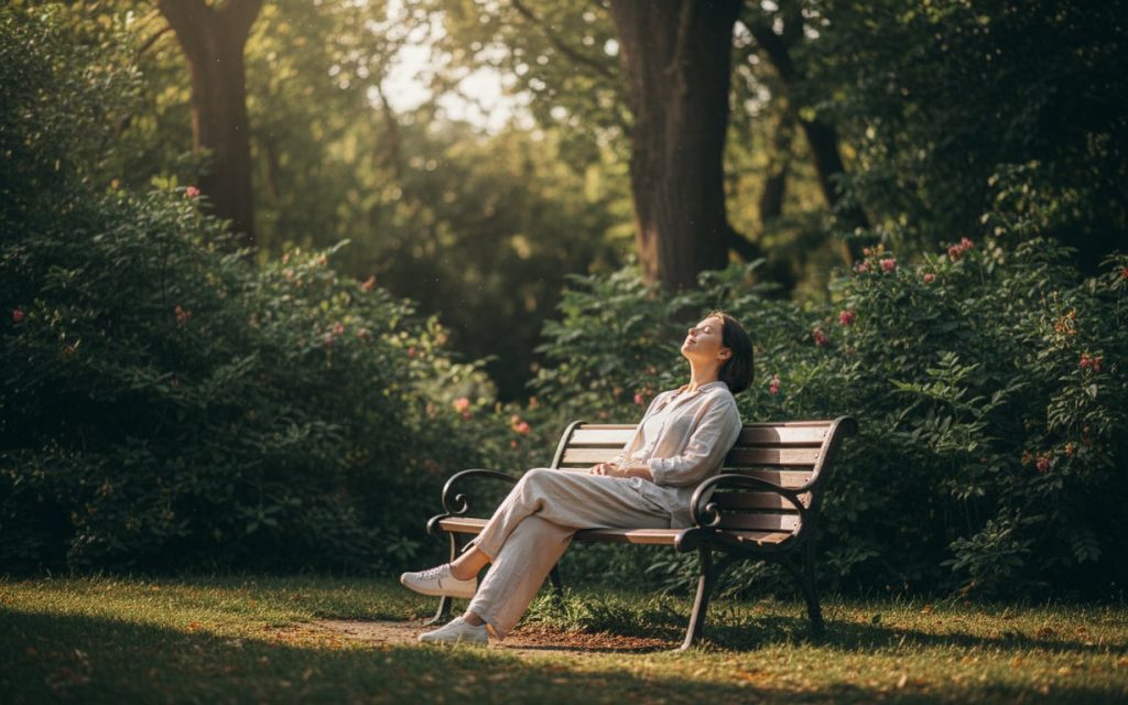 6. Merita sa faci o pauza (femeie care sta pe o banca in parc, moment de relaxare, tufe de trandafiri)