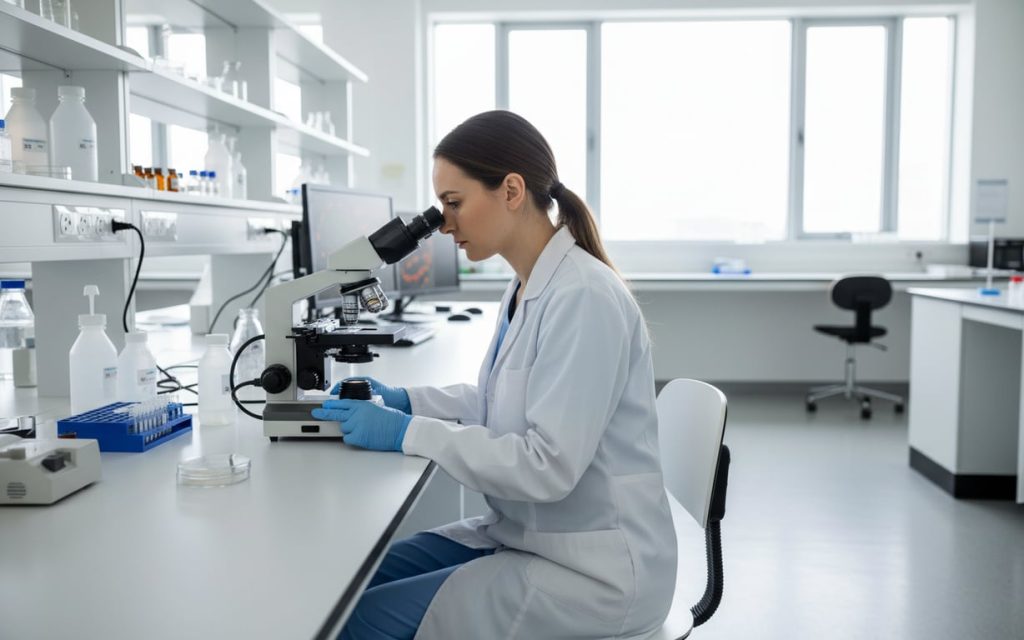 7. Cum se identifica (medic care analizeaza o mostra de tesut necrozat, microscop, laborator medical, biopsie)
