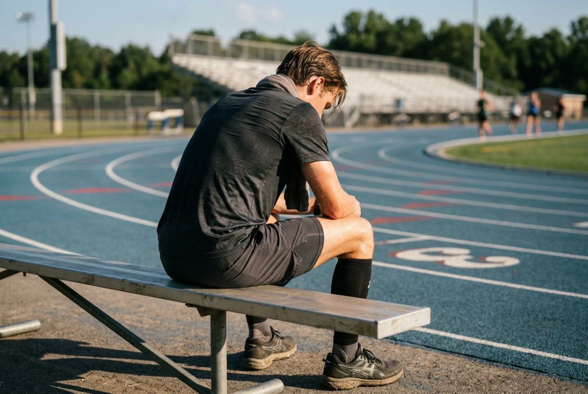 Creatina ajuta (sportiv odihnindu se pe o pista de atletism dupa un antrenament intens de sprint)