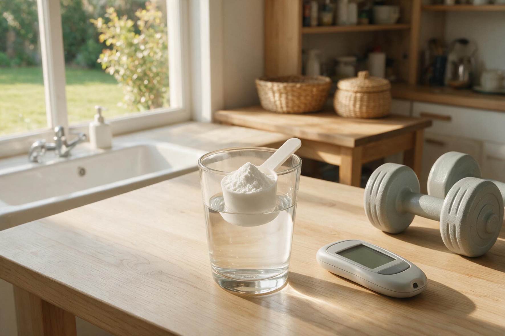 Creatina in diabetul de tip 2 (cupa de creatina monohidrata adaugata intr un pahar cu apa, glucometru, gantere, bucatarie)