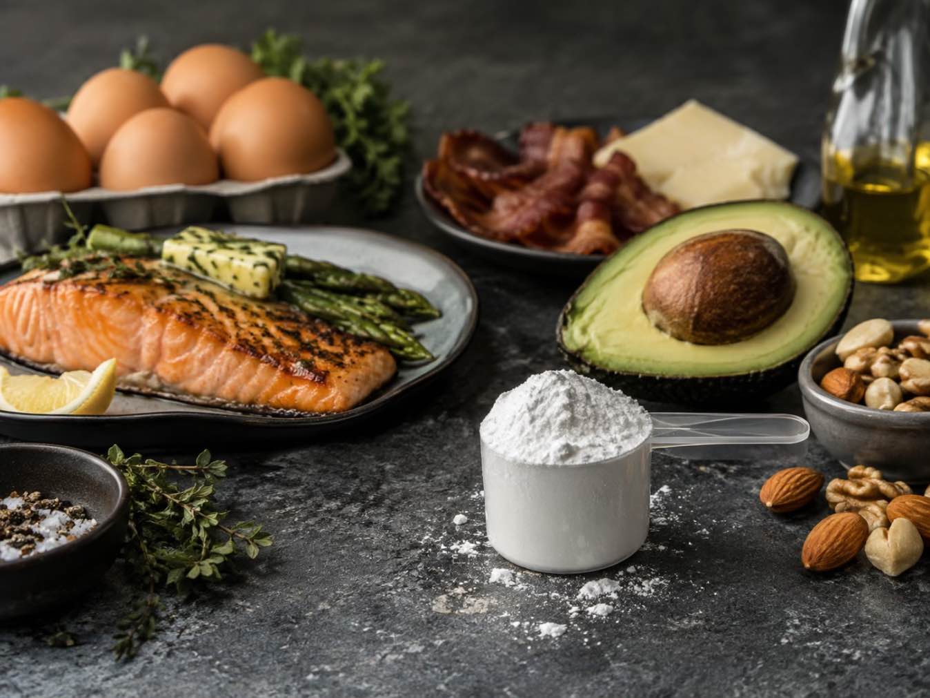 Creatina in dieta keto si low carb (mancare keto si low carb, cupa de creatina, blat de bucatarie gri)