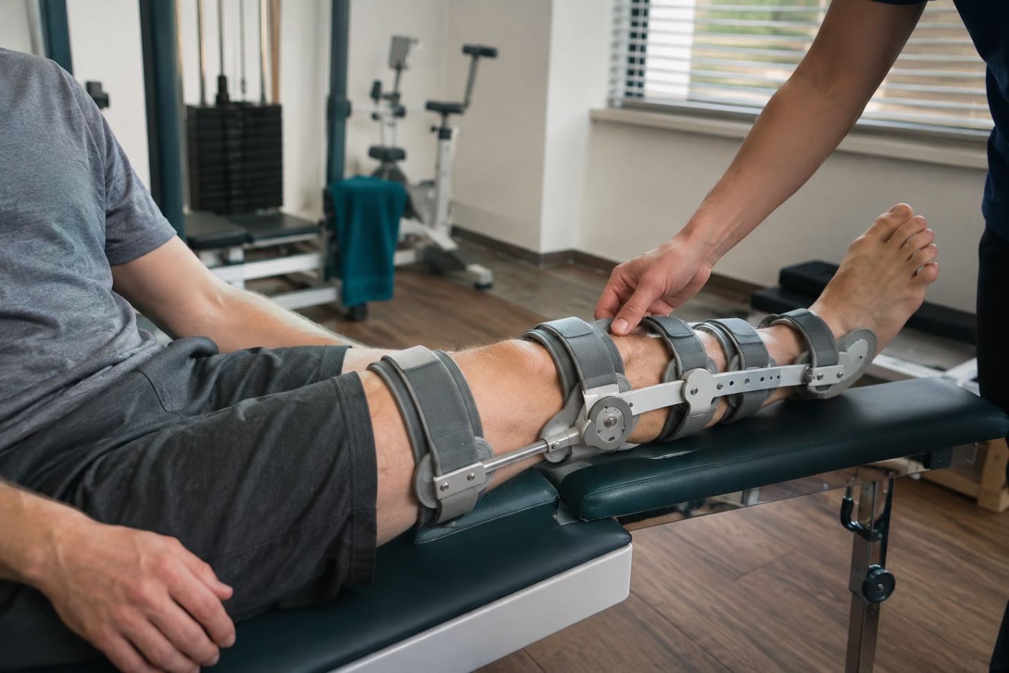 Creatina in recuperarea musculara (barbat cu orteza articulata, cabinet de kinetoterapie, sprijin medical)