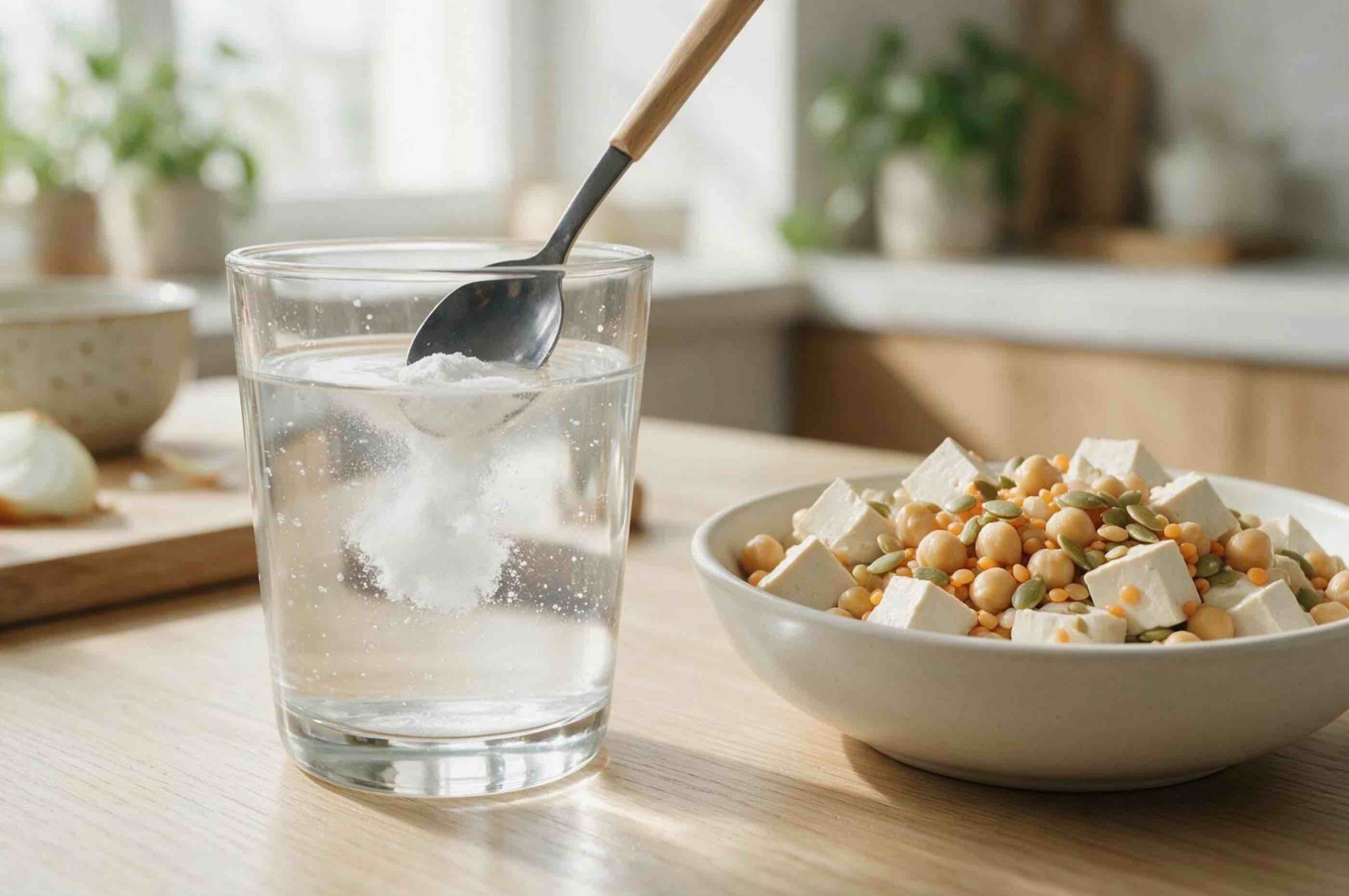 Creatina pentru vegetarieni (creatina monohidrata dizolvata intr un pahar cu apa, salata cu tofu si seminte, masa vegana)