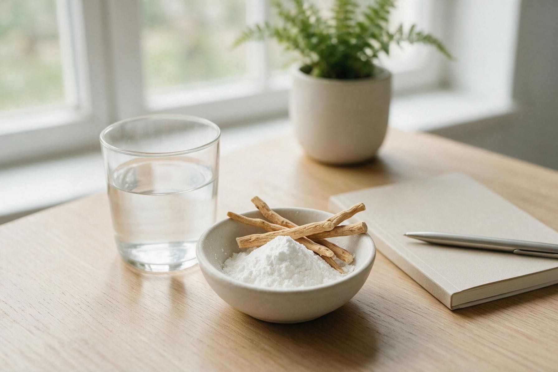 Creatina si ashwagandha (bol cu creatina monohidrata si radacini de ashwagandha, pahar cu apa, jurnal)