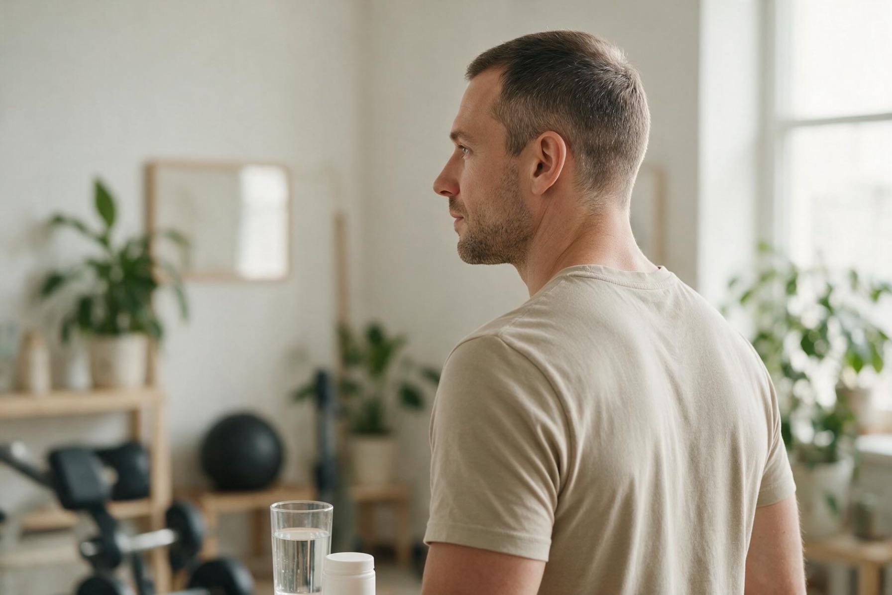 Creatina si caderea parului (barbat care sta cu spatele, inceput de chelie, echipamente de sport)