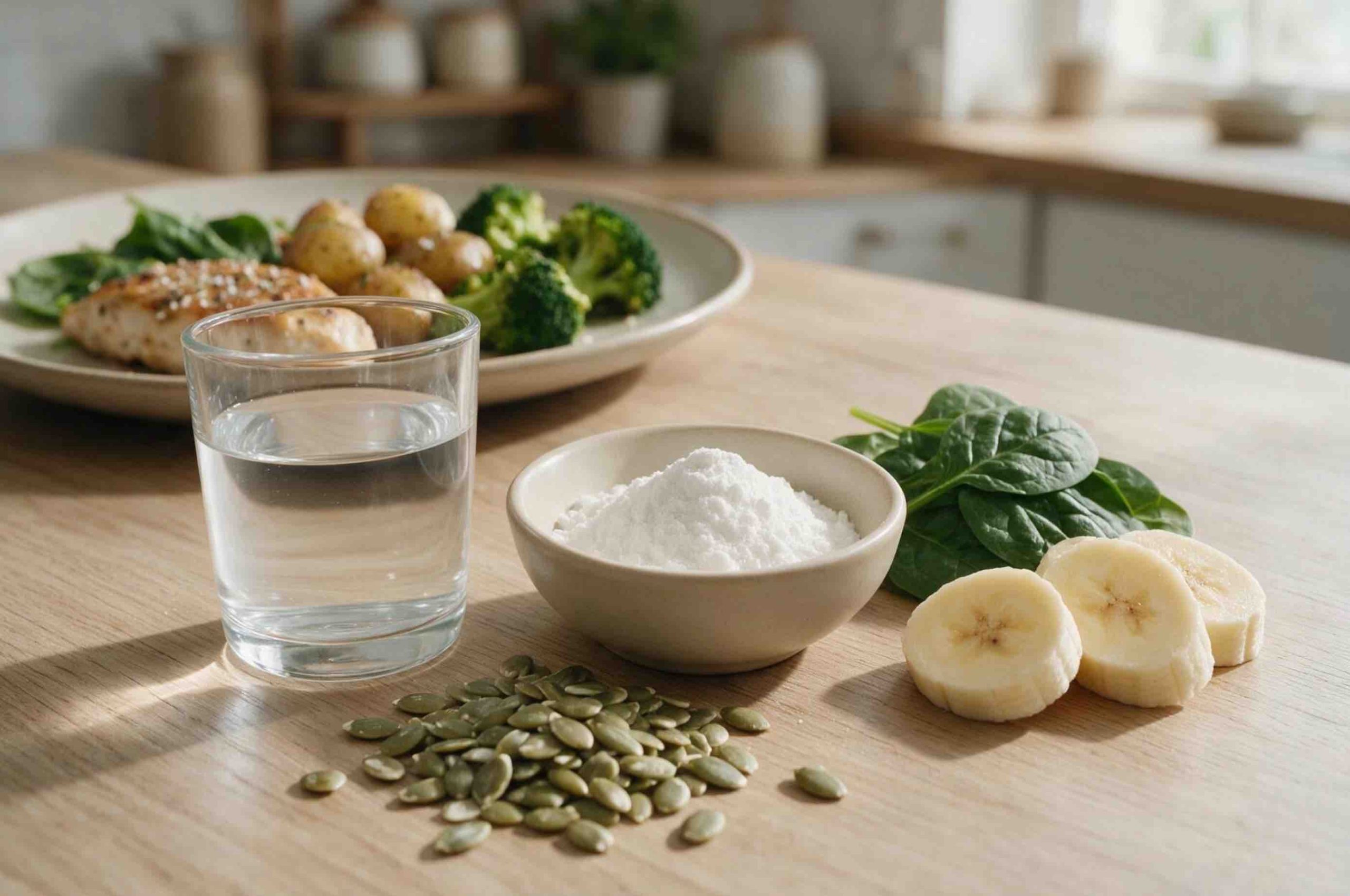 Creatina si hidratarea muschilor (masa cu legume, seminte de dovleac, creatina monohidratata in bol)