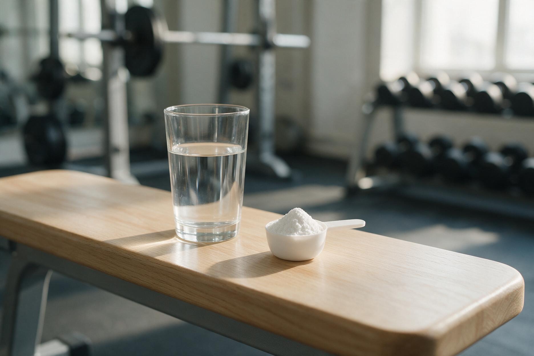 Creatina si hidratarea musculara (pahar cu apa, cupa cu creatina micronizata, sala de sport)