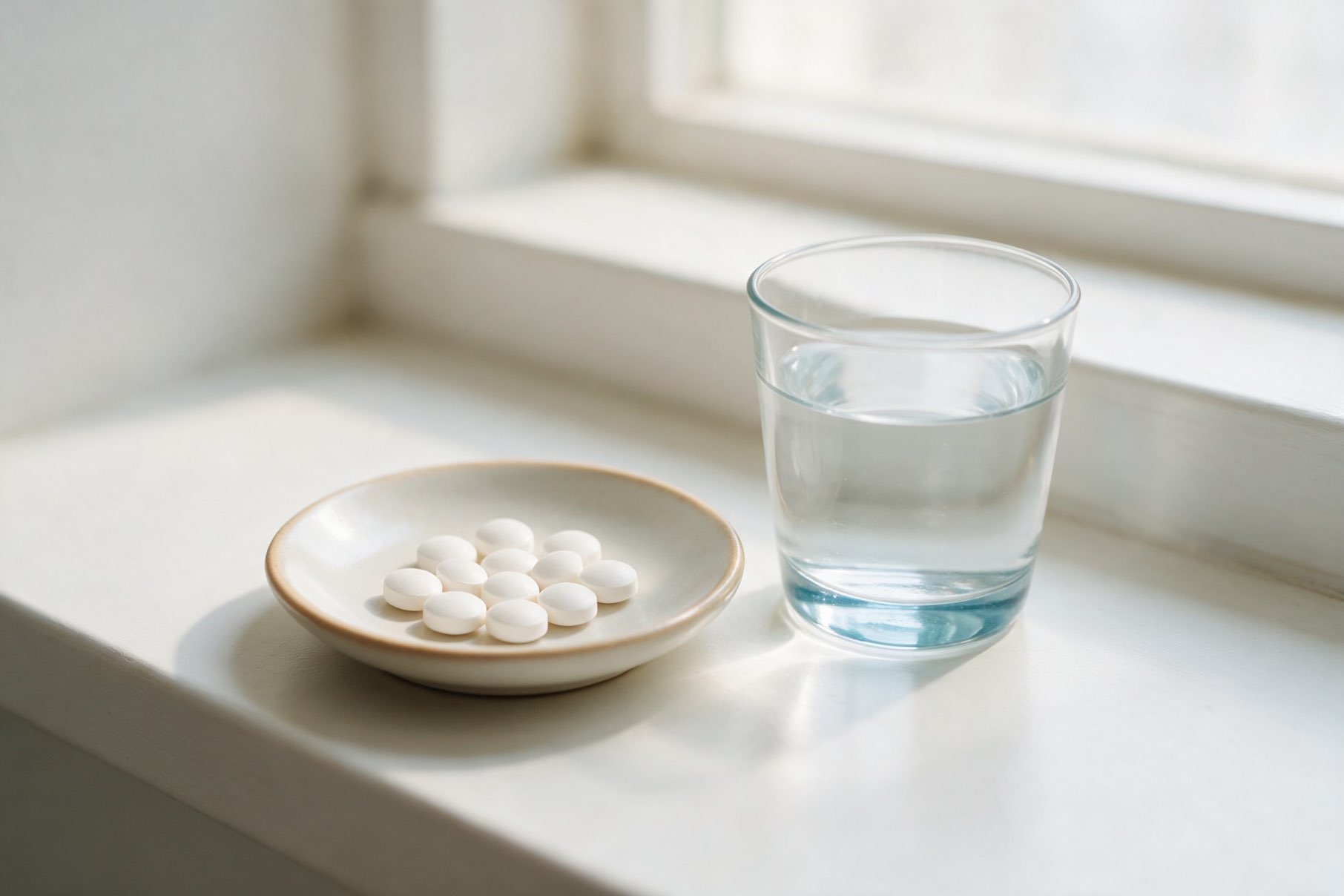 Gluconat de magneziu (capsule albe pe o farfurioara, suplimente cu gluconat de magneziu, pahar cu apa)