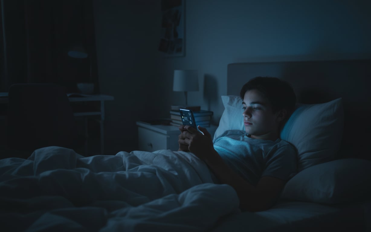 Nomofobia (adolescent care sta pe telefon, incapere intunecata, minte focusata pe videoclipuri)