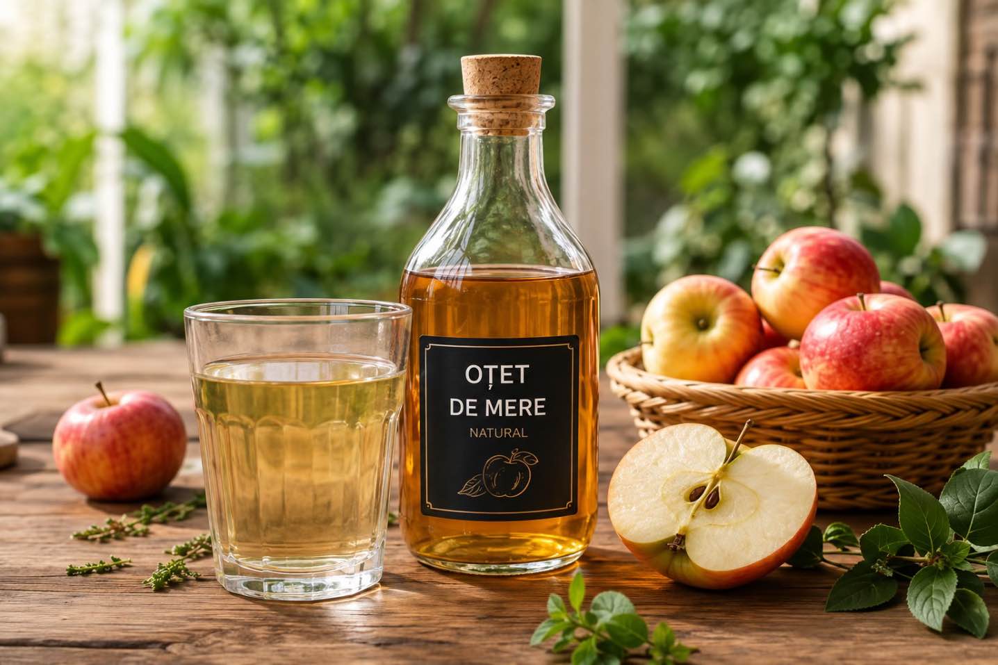 Otet de mere (pahar cu otet de mere, cos cu mere rosii, sticla cu otet de mere)