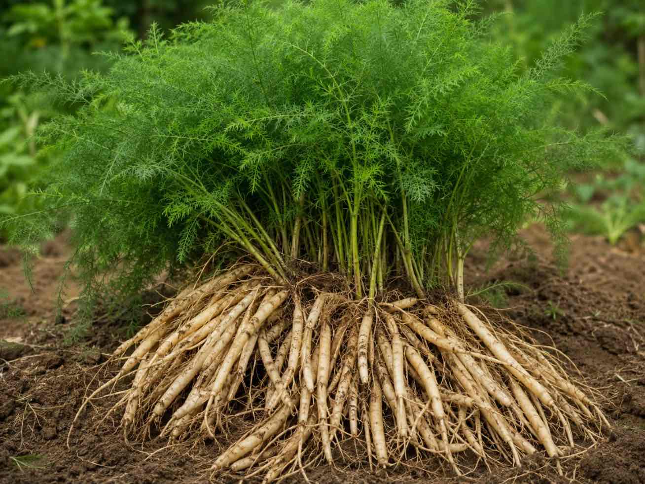 Shatavari (planta radacinoasa din India, Asparagus racemosus, tufa cu frunze verzi)