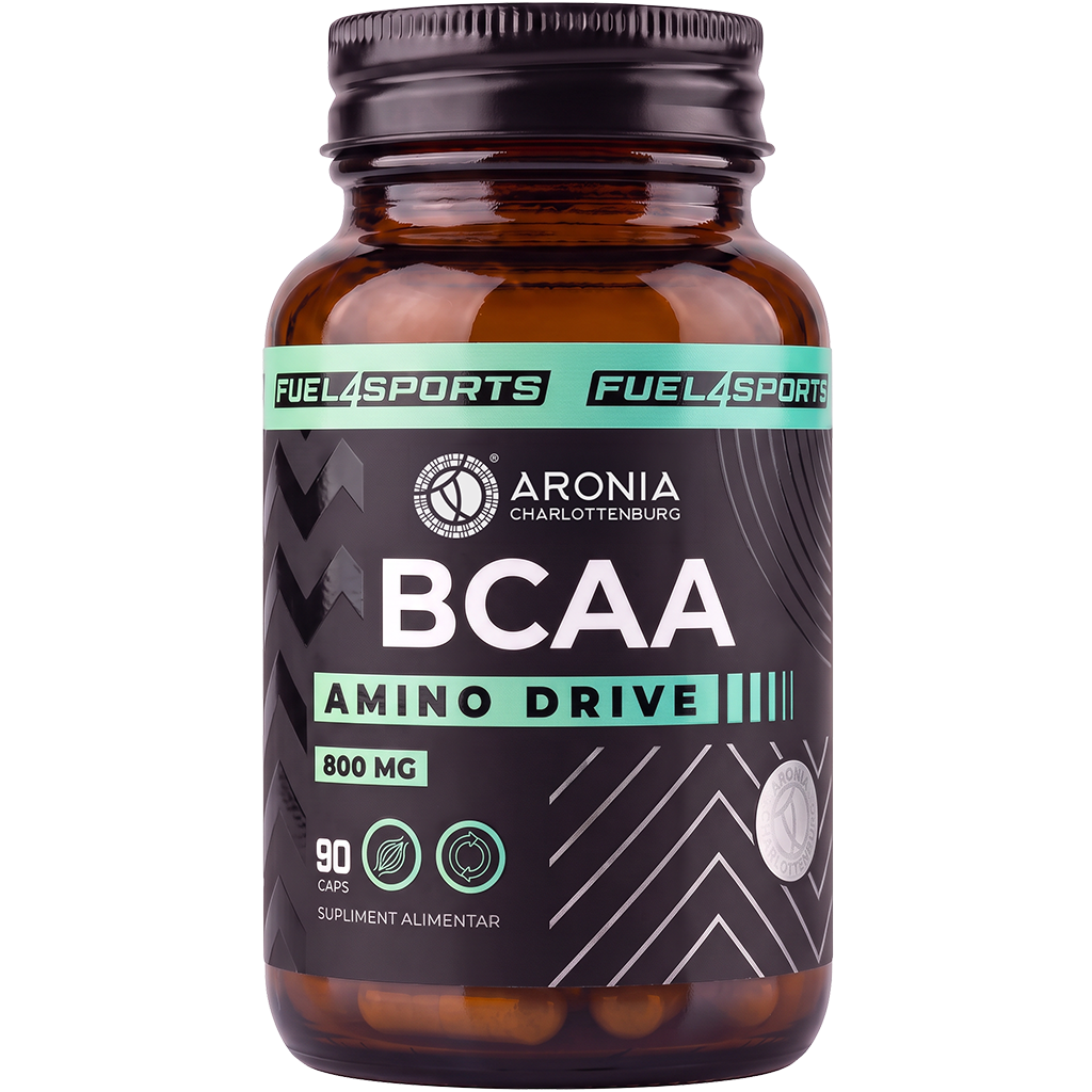 BCAA Amino Drive 800 mg – 90 de capsule cu 3 aminoacizi esențiali, pentru mușchi, recuperare și rezistență | FUEL4SPORTS