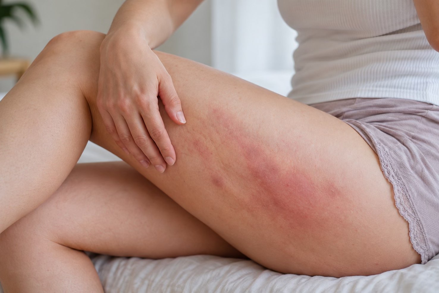 Celulita infectioasa (femeie care se scarpina, iritatie pe picior, celulita infectioasa)