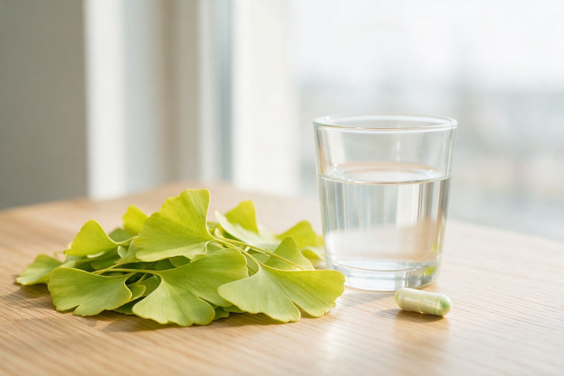 Ginkgo biloba ingrasa (frunze de ginkgo biloba, capsula pe baza de ginkgo biloba, pahar cu apa)