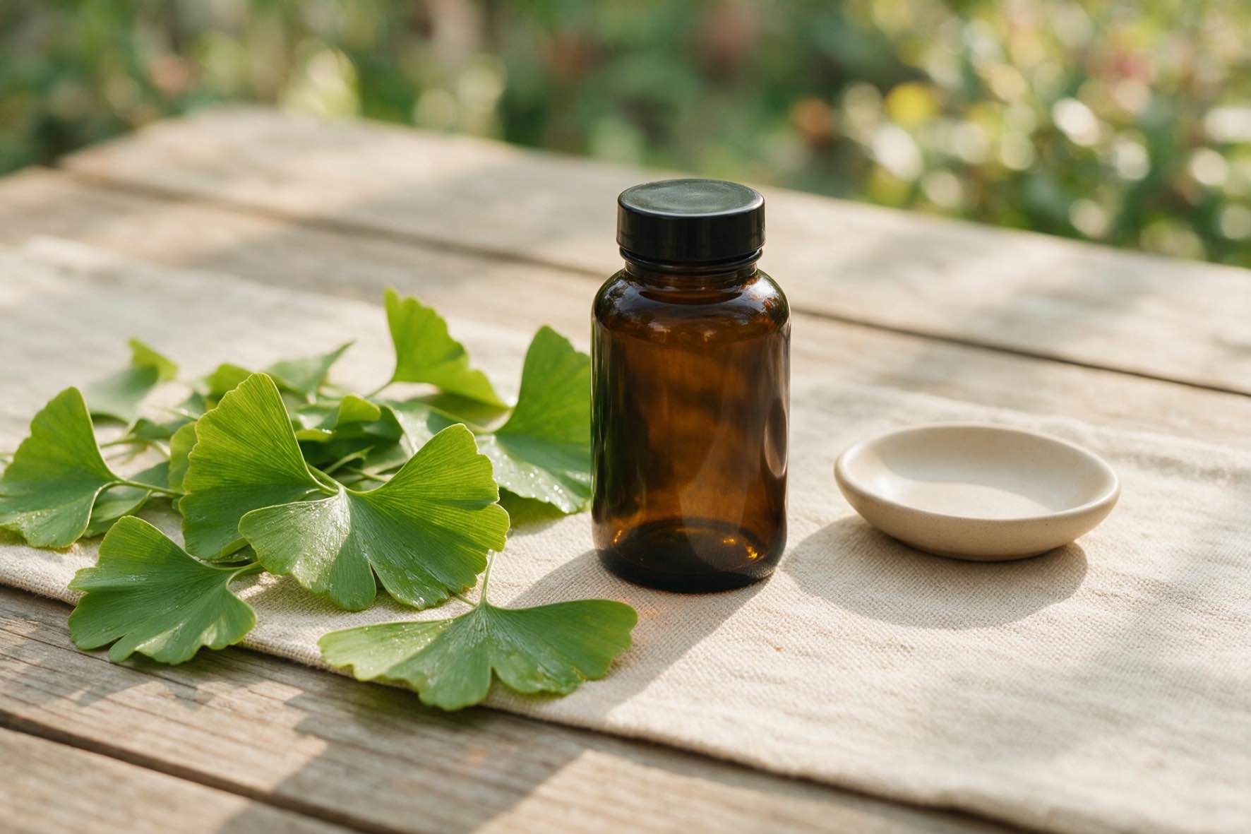Ginkgo biloba pentru circulatia periferica (flacon de medicamente maro, frunze de Ginkgo biloba, masa din lemn)