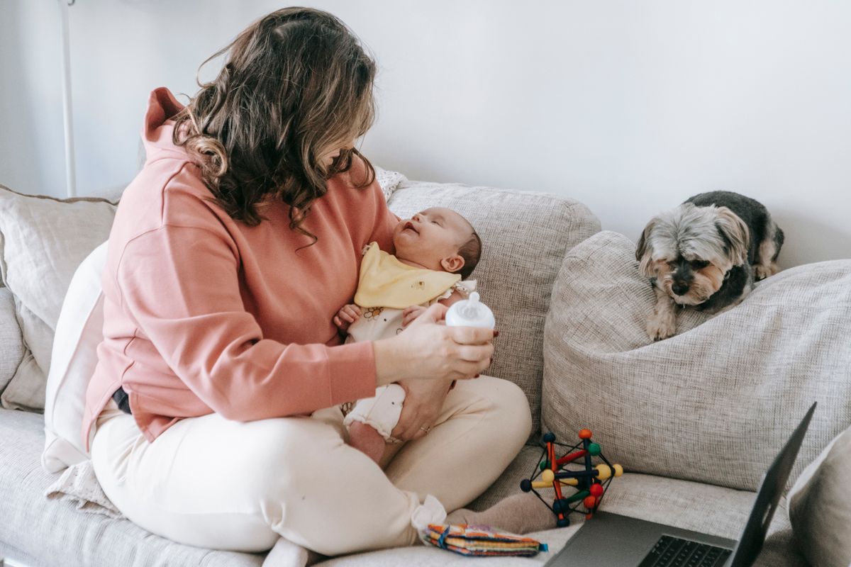 Lauzia dupa nastere (femeie lauza care isi tine bebelusul in brate, perioada post partum, catel)