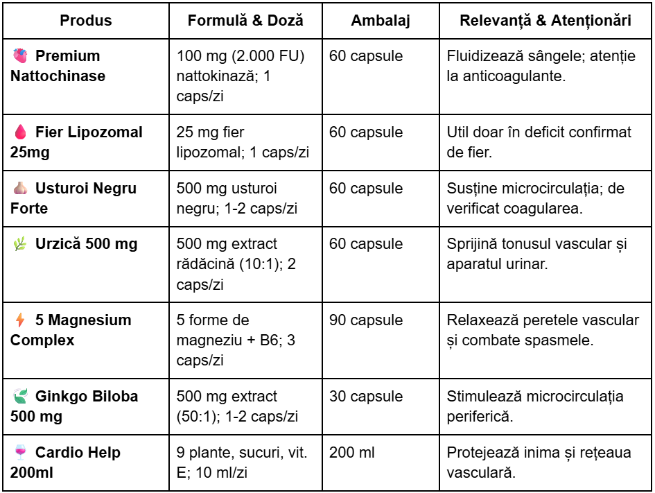 Tabel comparativ suplimente pentru picioare reci si circulatia periferica in 2026