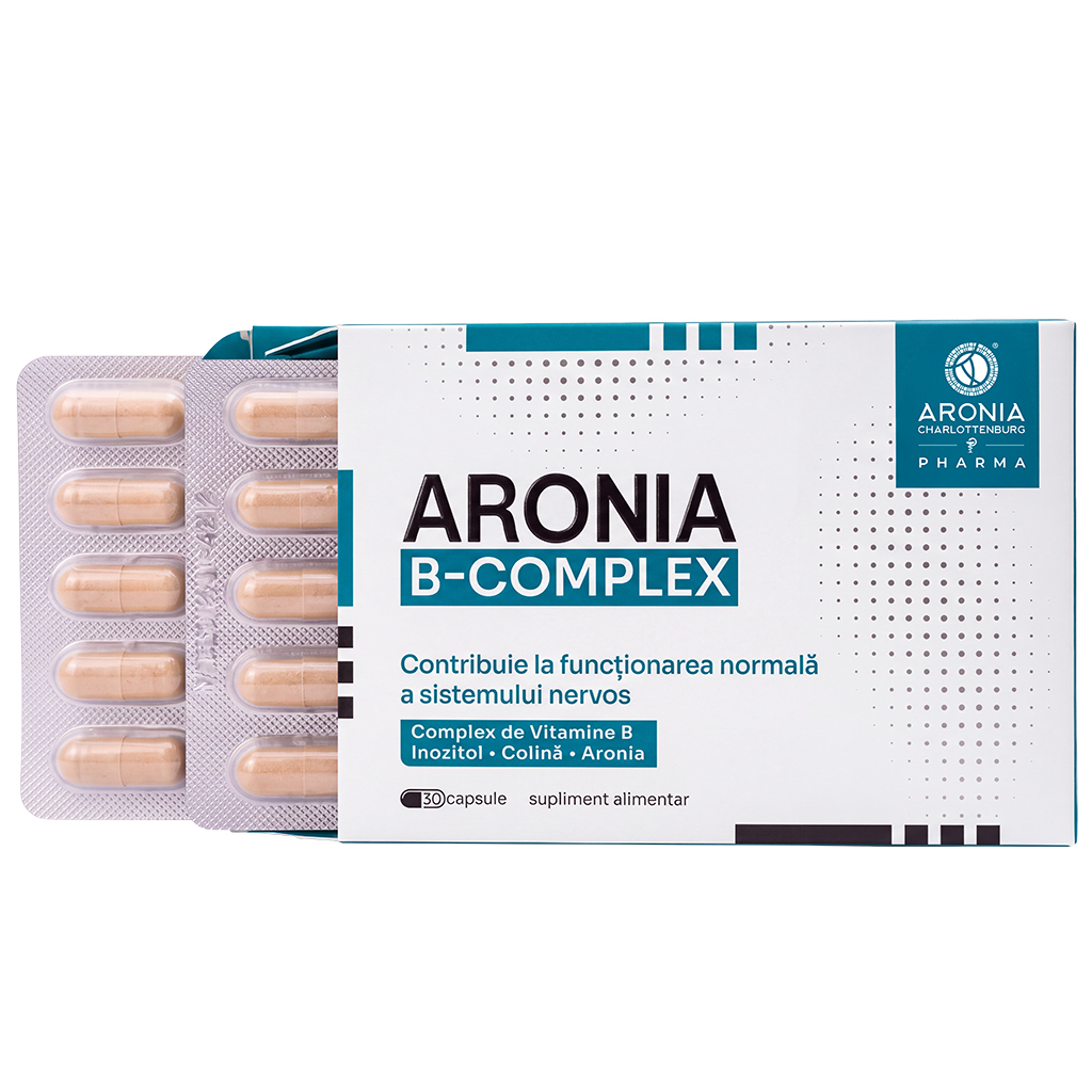 Aronia B-Complex — 30 de capsule cu toate cele 8 Vitamine B + Aronia, pentru sistemul nervos, reducerea oboselii și mai multă energie | Pharma